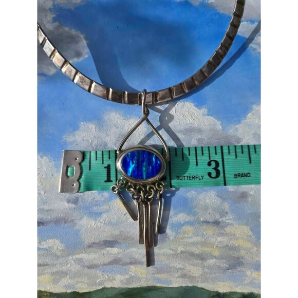 Alpaca Silver & Lab Opal Pendant & Torque Necklace from Mexico - Picture 7 of 10